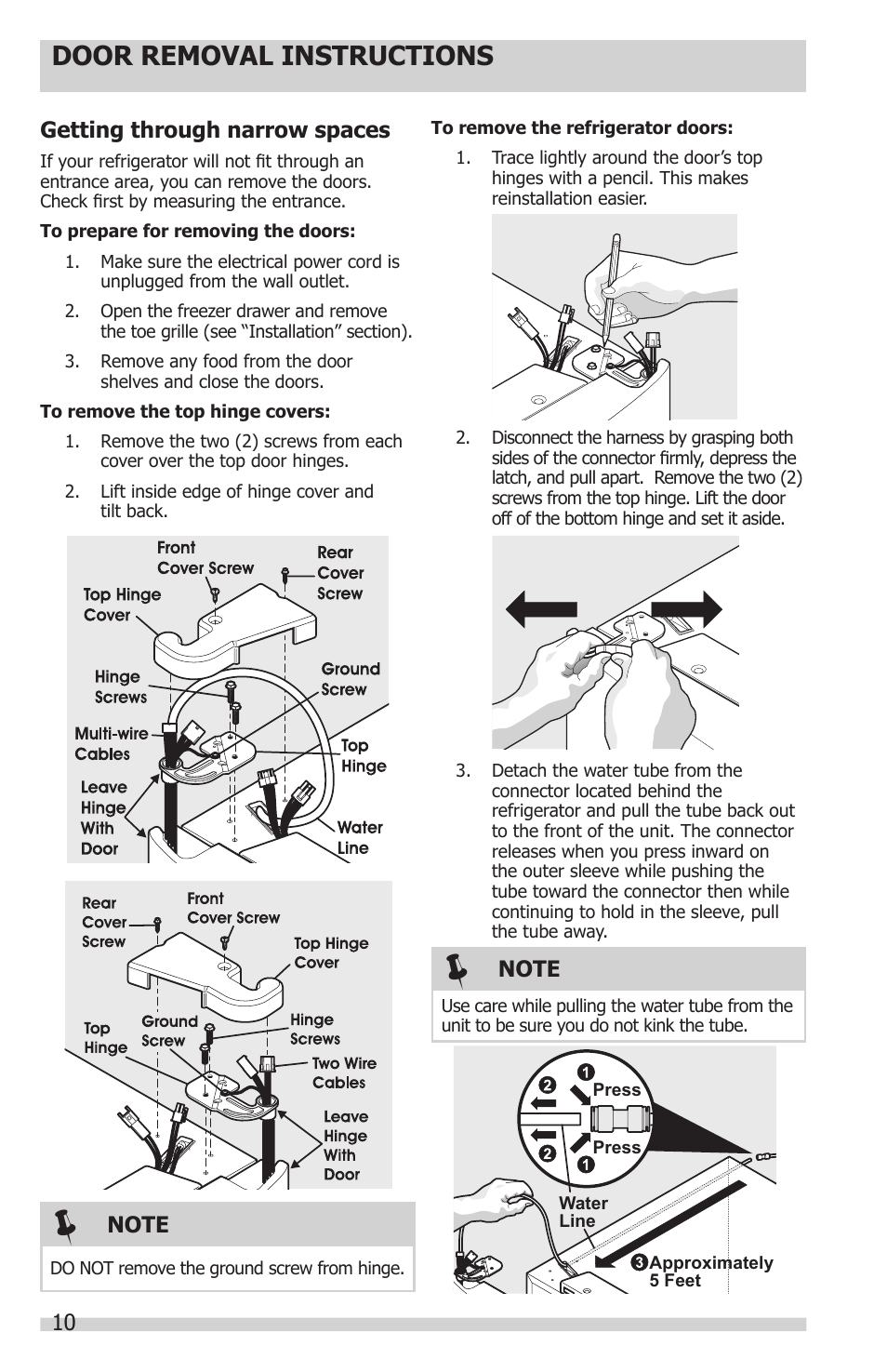 Door removal instructions | FRIGIDAIRE FGUB2642LF User Manual | Page 10 / 41