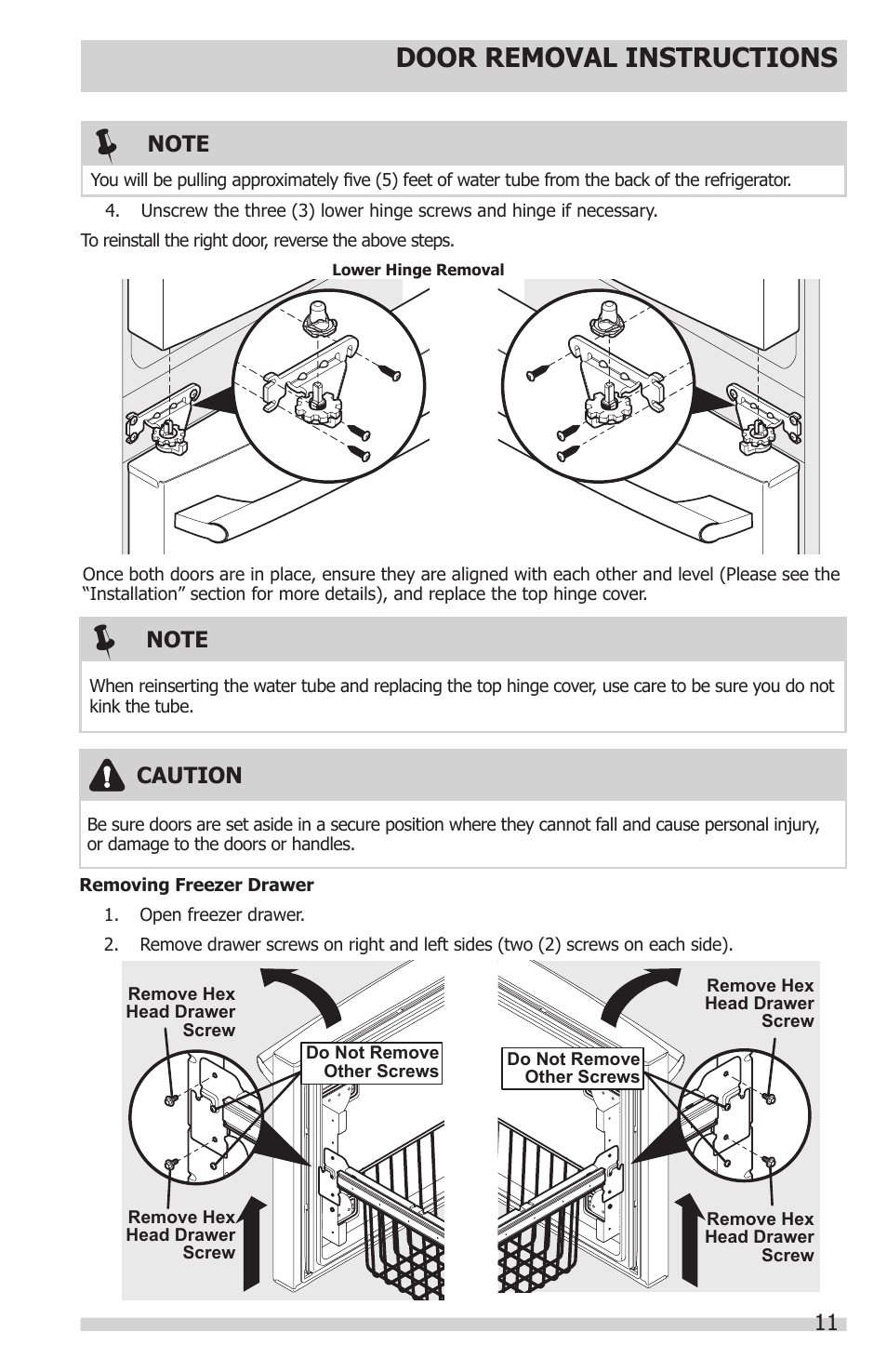 Door removal instructions | FRIGIDAIRE FGUB2642LF User Manual | Page 11 / 41