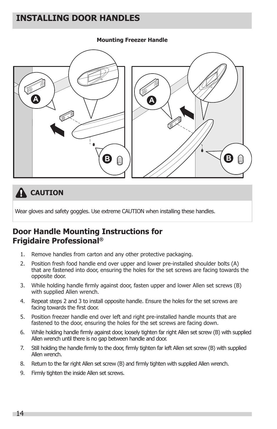 Installing door handles, Caution | FRIGIDAIRE FGUB2642LF User Manual | Page 14 / 41