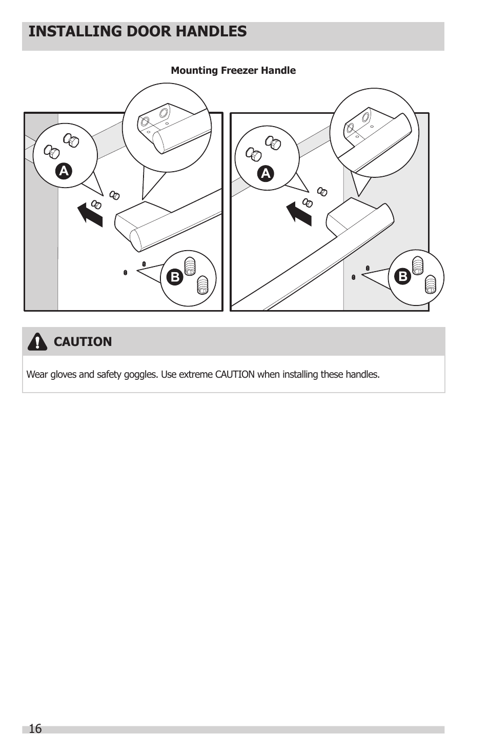 Installing door handles | FRIGIDAIRE FGUB2642LF User Manual | Page 16 / 41