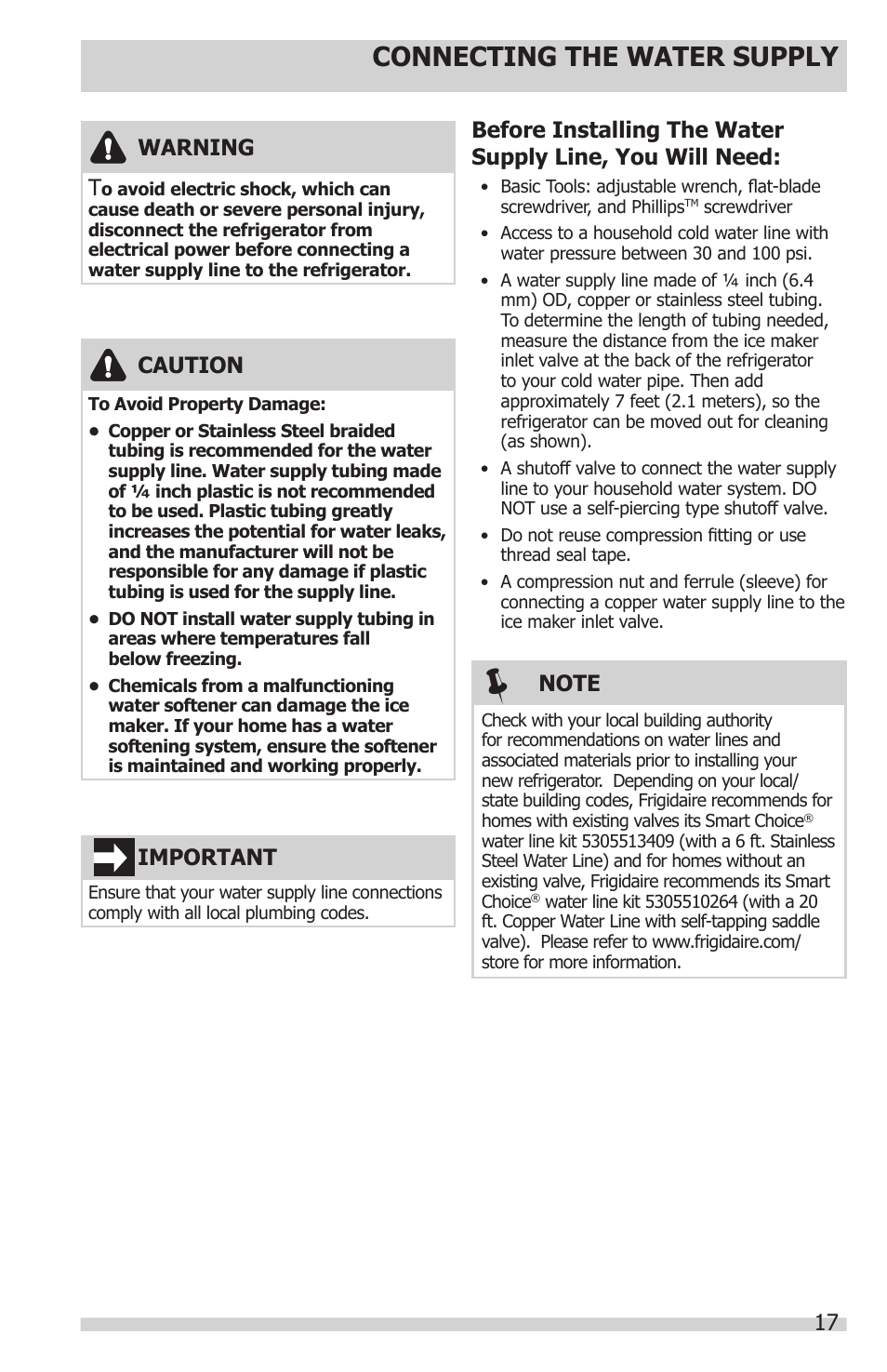 Connecting the water supply, Warning t, Caution | Important | FRIGIDAIRE FGUB2642LF User Manual | Page 17 / 41