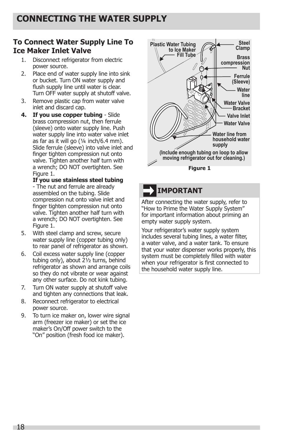 Connecting the water supply, Important | FRIGIDAIRE FGUB2642LF User Manual | Page 18 / 41