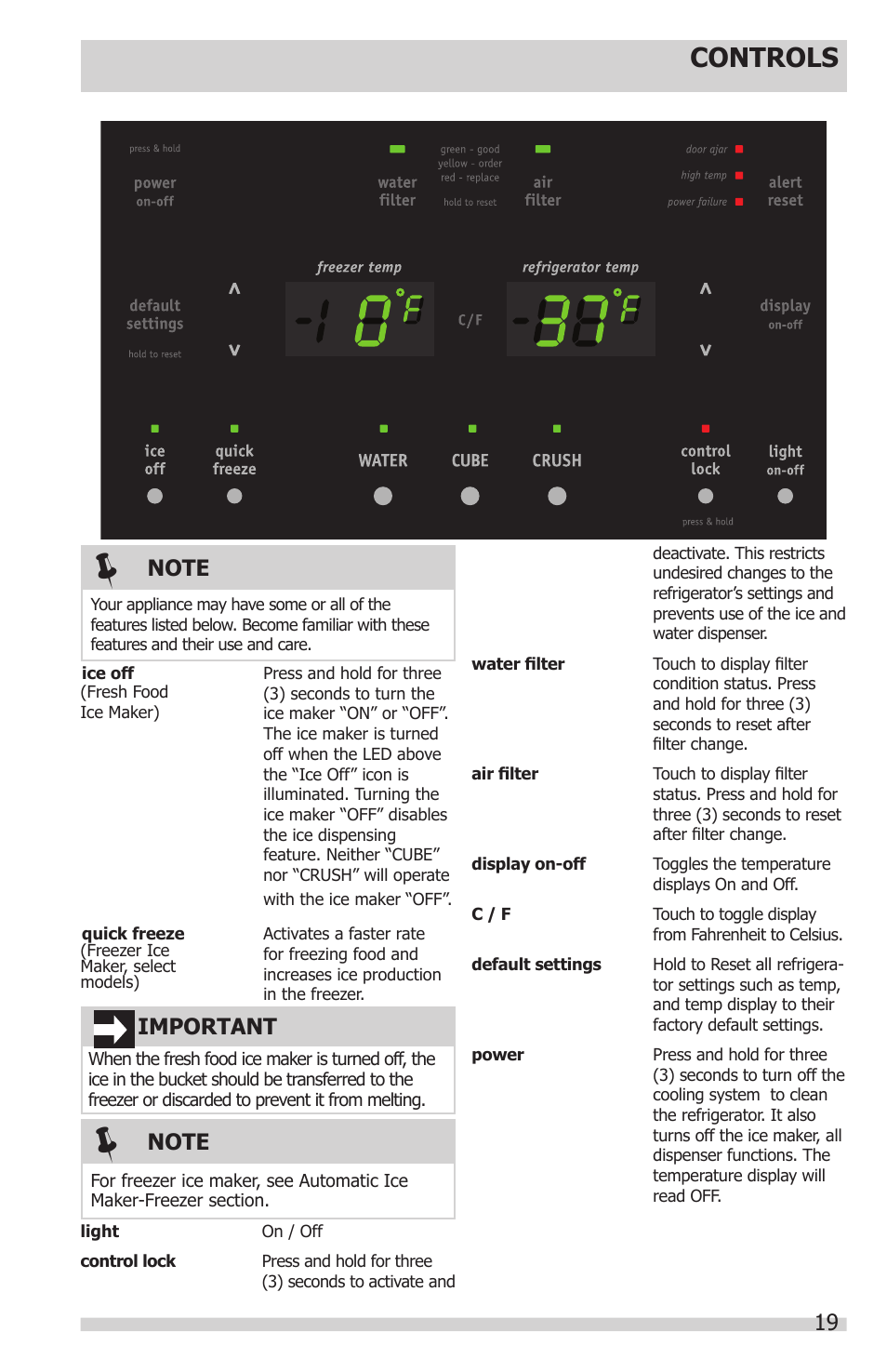 Controls, Important | FRIGIDAIRE FGUB2642LF User Manual | Page 19 / 41