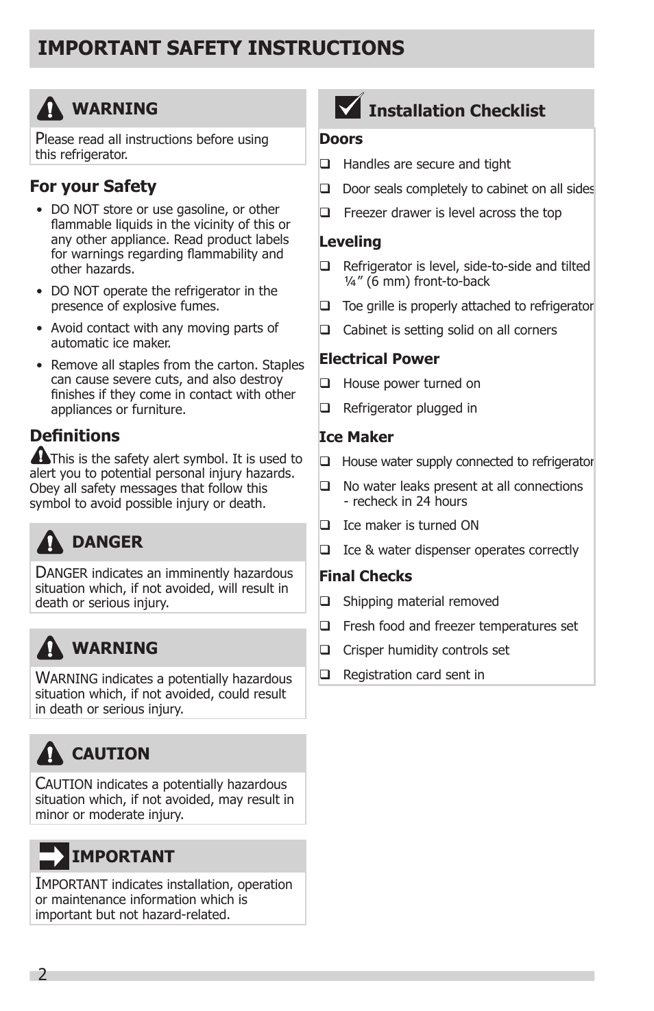Important safety instructions, Installation checklist definitions, For your safety | Danger d, Warning w, Caution c, Important i, Warning p | FRIGIDAIRE FGUB2642LF User Manual | Page 2 / 41
