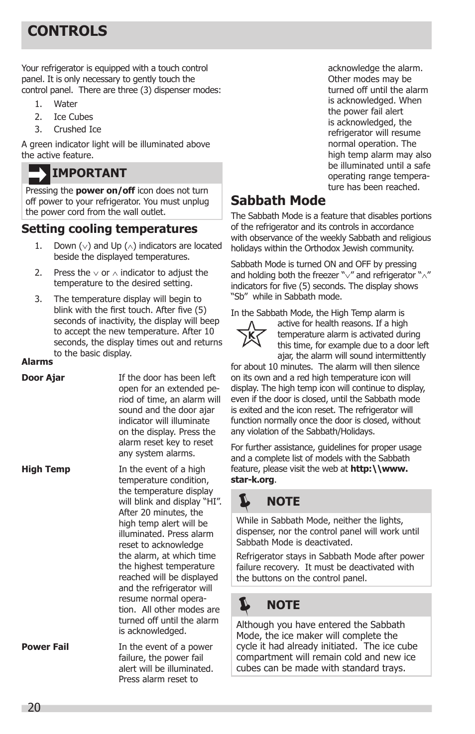 Controls, Sabbath mode, Setting cooling temperatures | Important | FRIGIDAIRE FGUB2642LF User Manual | Page 20 / 41