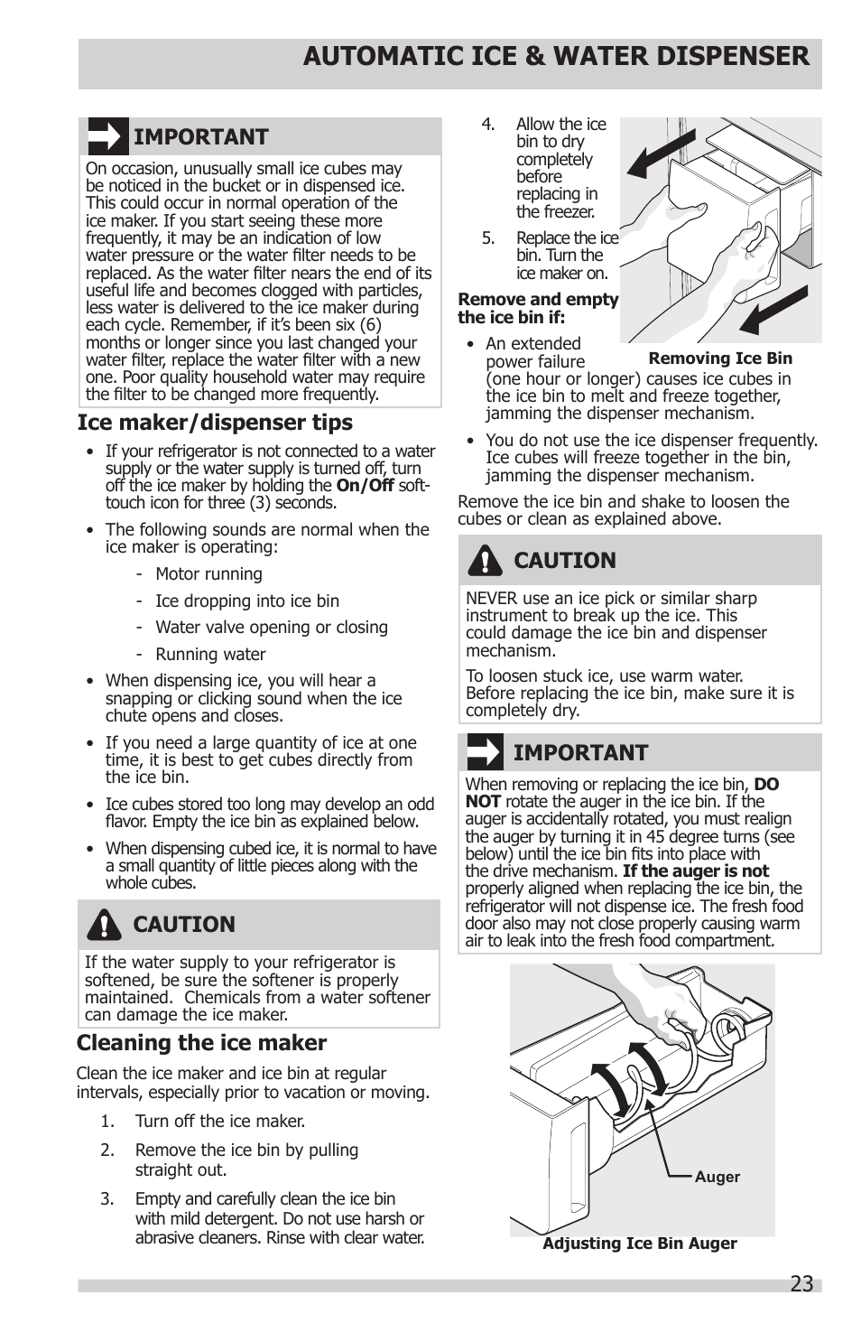 Automatic ice & water dispenser, 23 important, Ice maker/dispenser tips | Caution, Cleaning the ice maker, Important | FRIGIDAIRE FGUB2642LF User Manual | Page 23 / 41