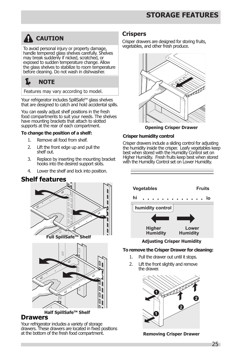 Storage features, Shelf features, Drawers | Crispers, Caution | FRIGIDAIRE FGUB2642LF User Manual | Page 25 / 41