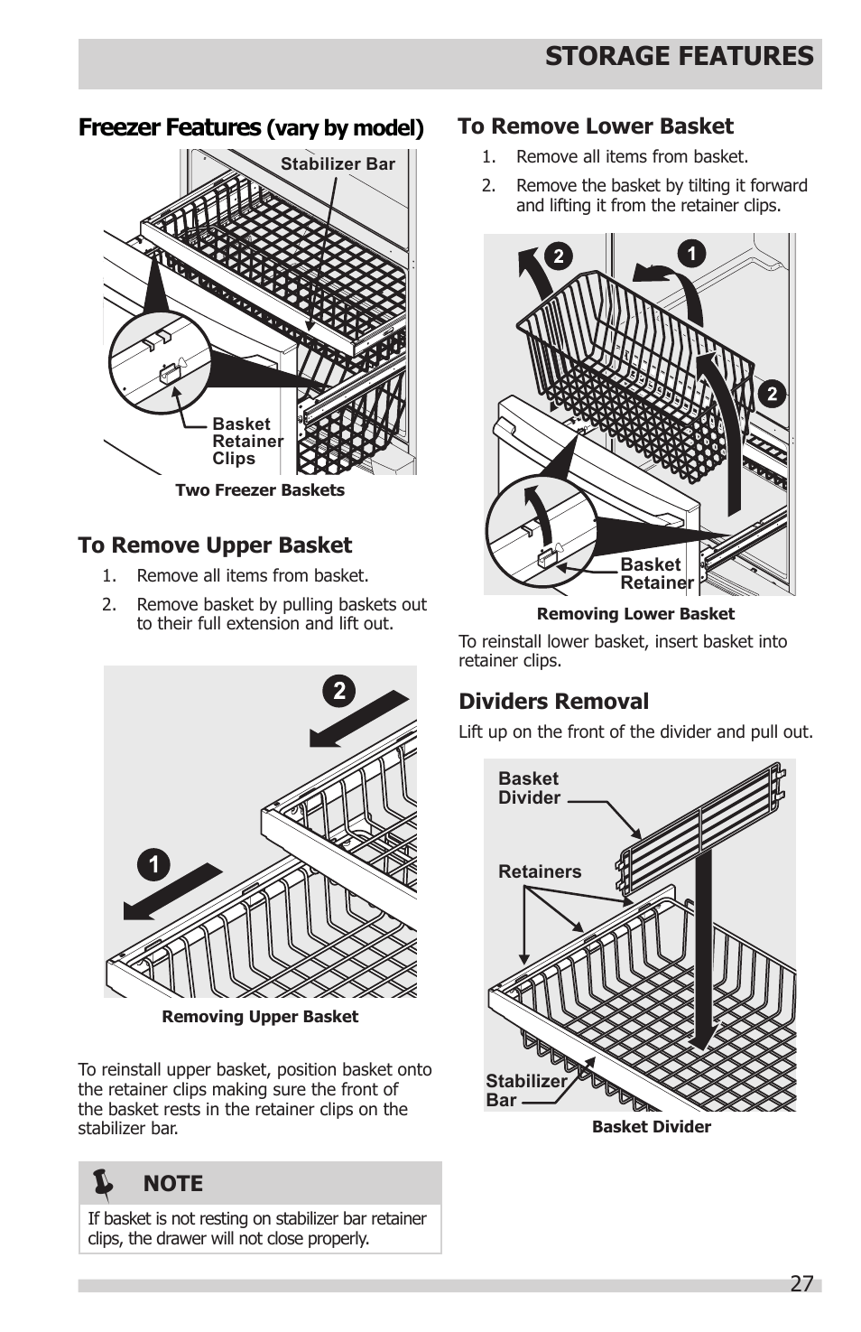 Storage features, Freezer features | FRIGIDAIRE FGUB2642LF User Manual | Page 27 / 41