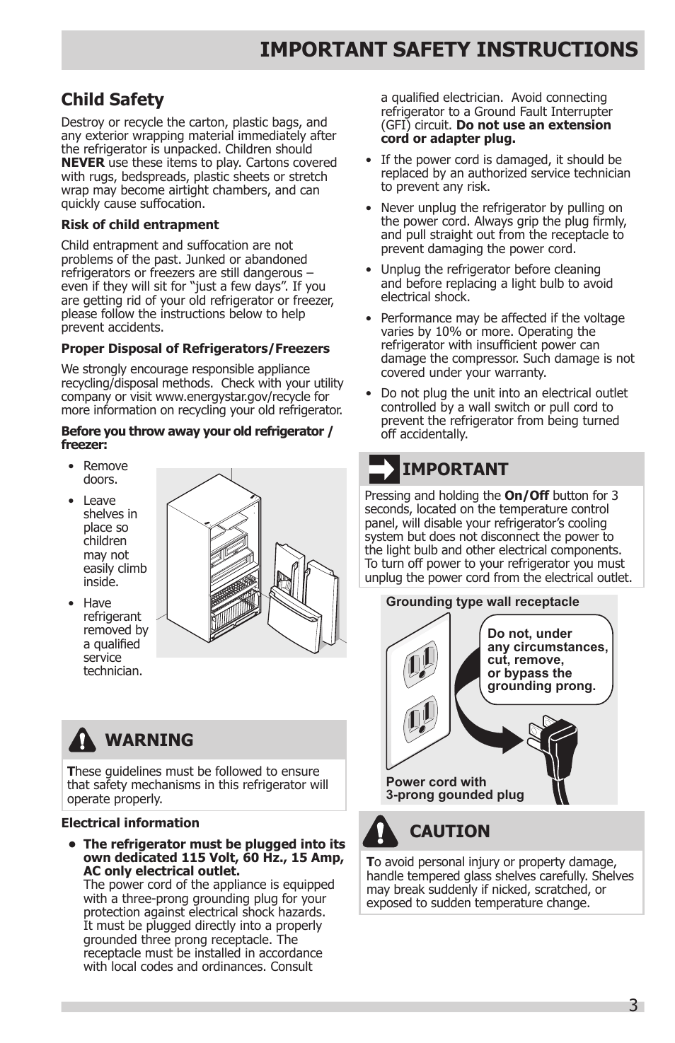Important safety instructions, Child safety, Caution | Warning, Important | FRIGIDAIRE FGUB2642LF User Manual | Page 3 / 41