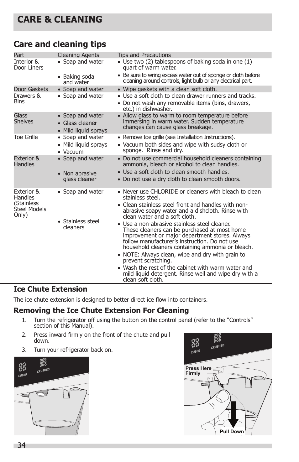 Care & cleaning, Care and cleaning tips, Ice chute extension | Removing the ice chute extension for cleaning | FRIGIDAIRE FGUB2642LF User Manual | Page 34 / 41