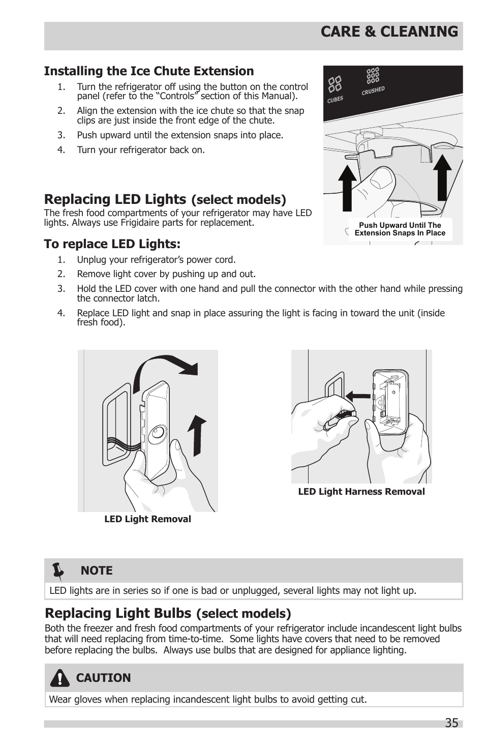 Care & cleaning, Replacing led lights, Replacing light bulbs | FRIGIDAIRE FGUB2642LF User Manual | Page 35 / 41