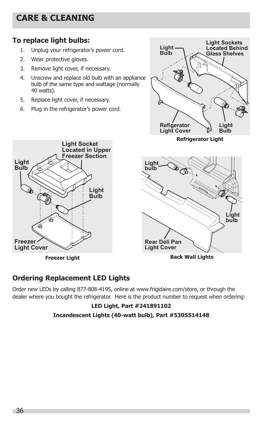 Care & cleaning, 36 ordering replacement led lights | FRIGIDAIRE FGUB2642LF User Manual | Page 36 / 41