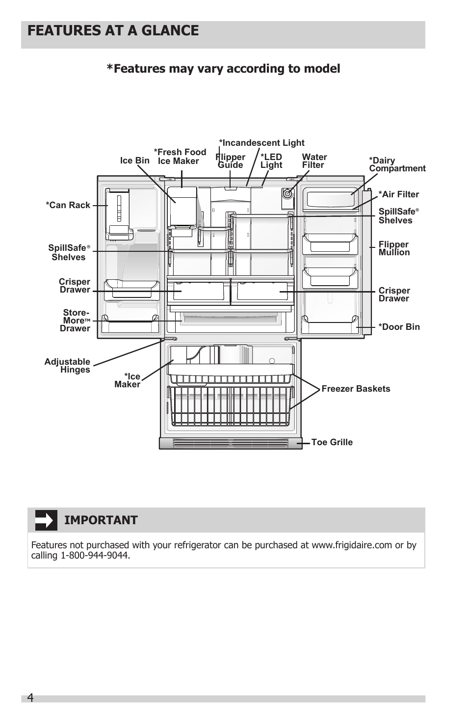 Features at a glance, Features may vary according to model, Important | FRIGIDAIRE FGUB2642LF User Manual | Page 4 / 41