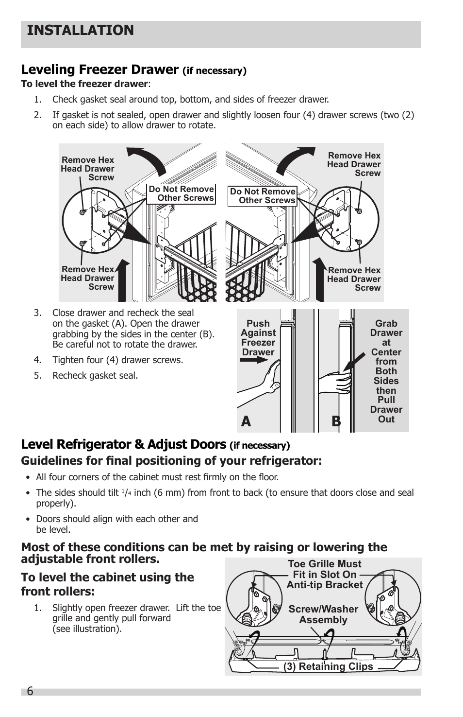 Installation, Leveling freezer drawer, Level refrigerator & adjust doors | FRIGIDAIRE FGUB2642LF User Manual | Page 6 / 41
