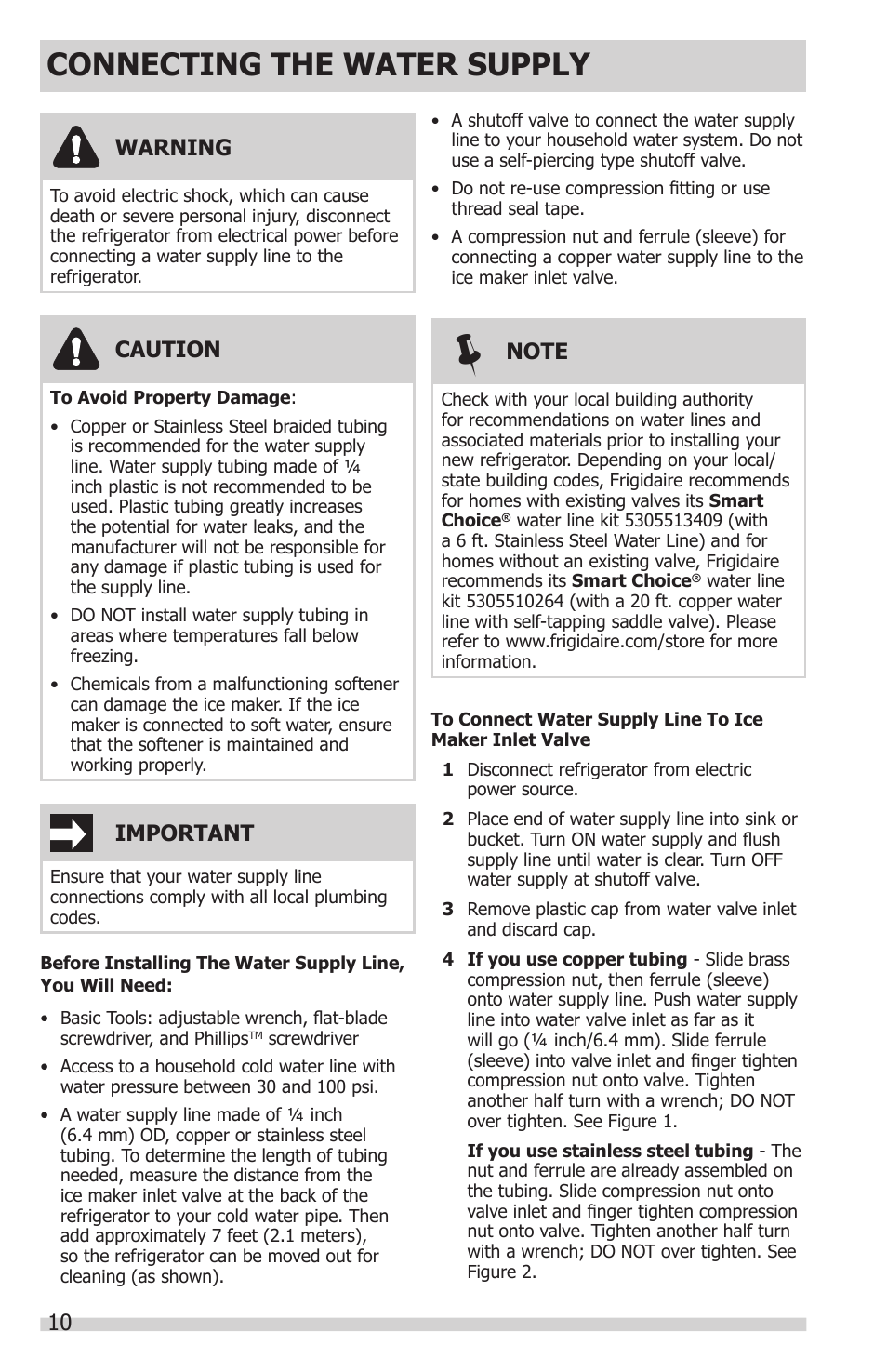 Connecting the water supply, 10 warning, Caution | Important | FRIGIDAIRE FGHC2331PF User Manual | Page 10 / 32