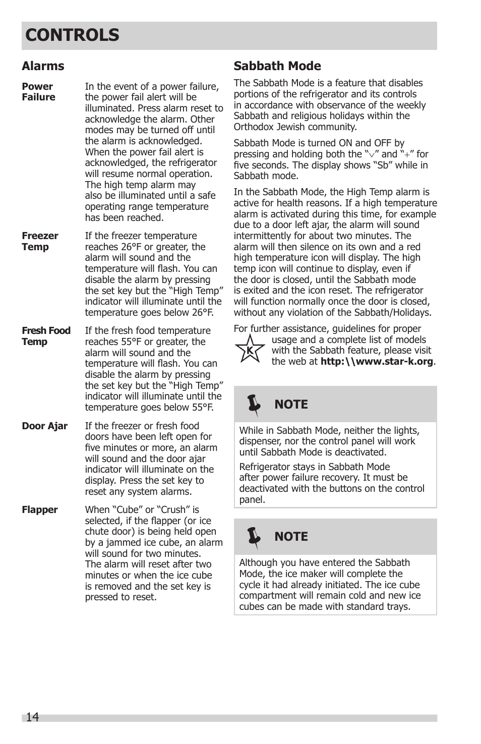 Controls, Alarms sabbath mode | FRIGIDAIRE FGHC2331PF User Manual | Page 14 / 32