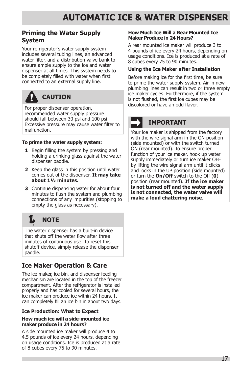 Automatic ice & water dispenser, Priming the water supply system, Ice maker operation & care | Caution, Important | FRIGIDAIRE FGHC2331PF User Manual | Page 17 / 32