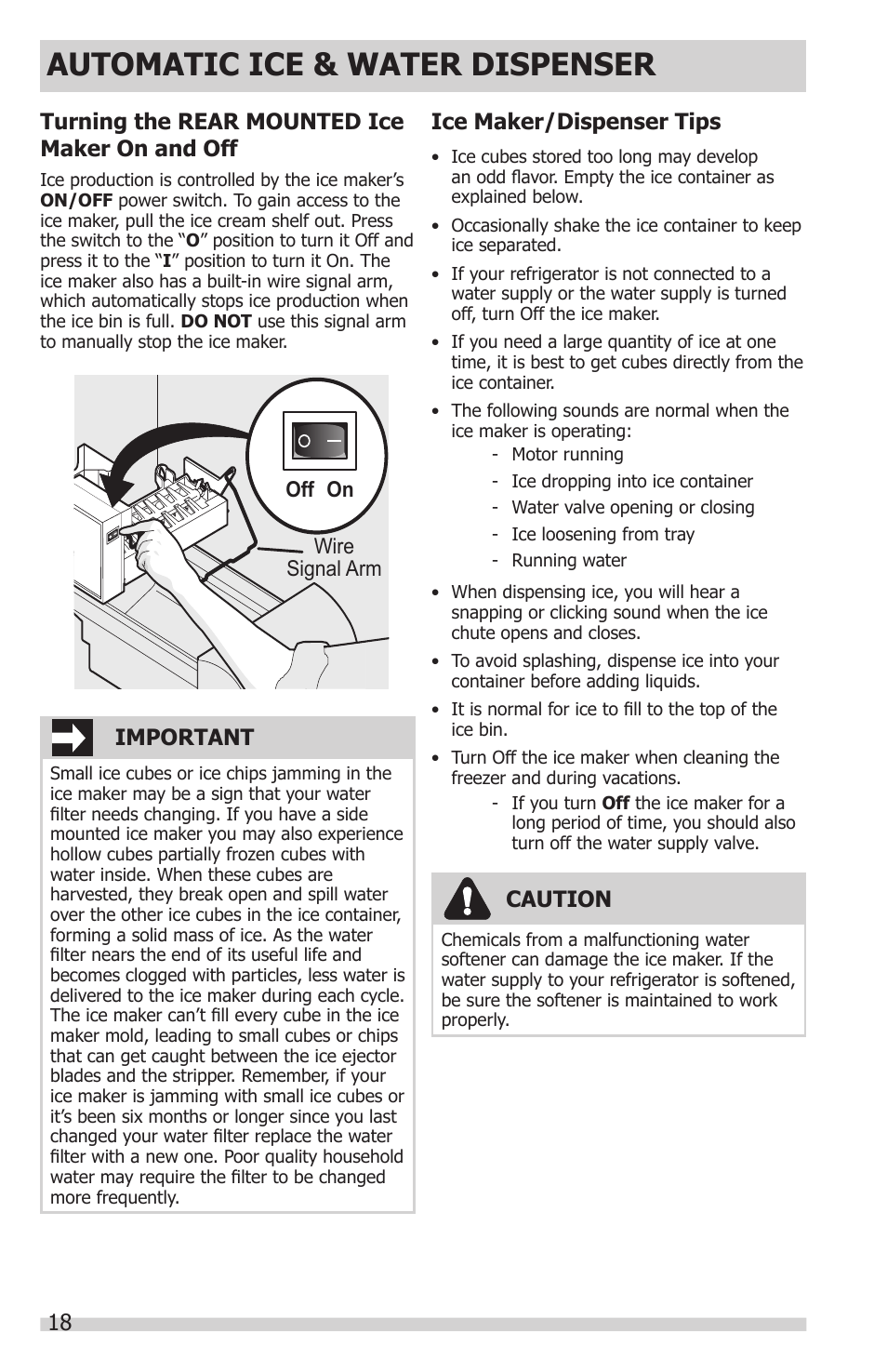 Automatic ice & water dispenser, Turning the rear mounted ice maker on and off, Important | Ice maker/dispenser tips, Caution | FRIGIDAIRE FGHC2331PF User Manual | Page 18 / 32