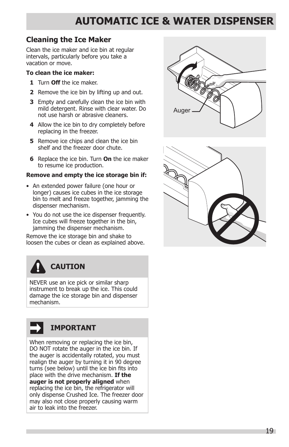 Automatic ice & water dispenser, Caution, Important | Cleaning the ice maker | FRIGIDAIRE FGHC2331PF User Manual | Page 19 / 32