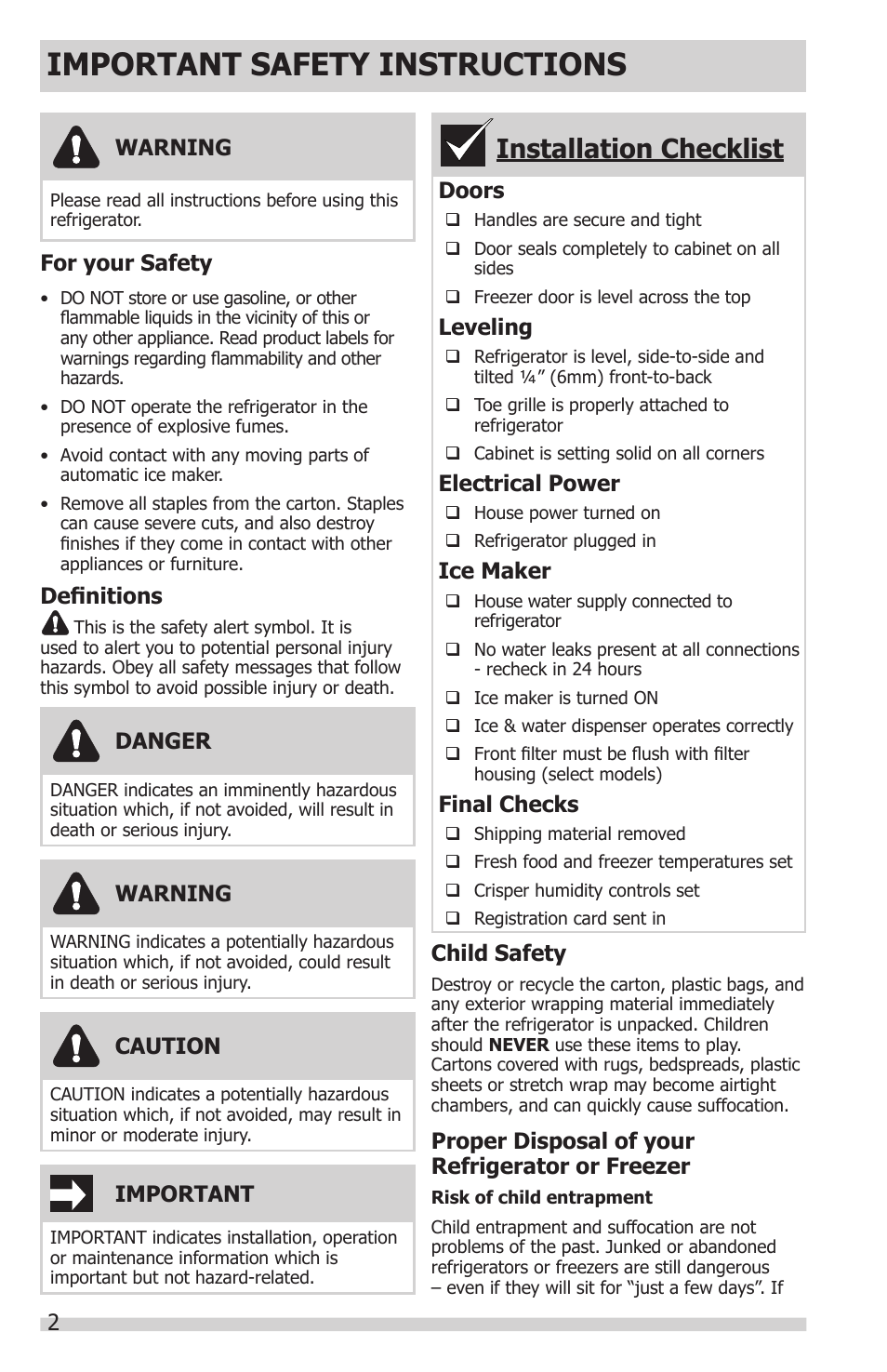 Important safety instructions, Installation checklist, Warning | Important, Danger, Doors, Leveling, Electrical power, Ice maker, Final checks | FRIGIDAIRE FGHC2331PF User Manual | Page 2 / 32