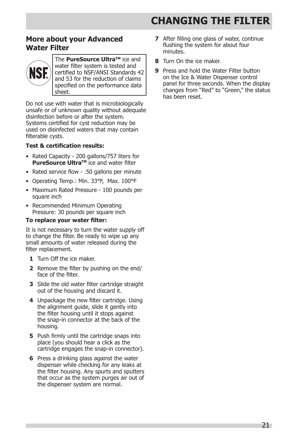 Changing the filter, More about your advanced water filter | FRIGIDAIRE FGHC2331PF User Manual | Page 21 / 32
