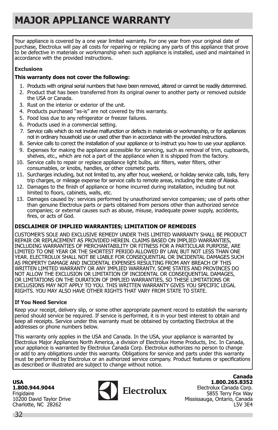 Major appliance warranty | FRIGIDAIRE FGHC2331PF User Manual | Page 32 / 32