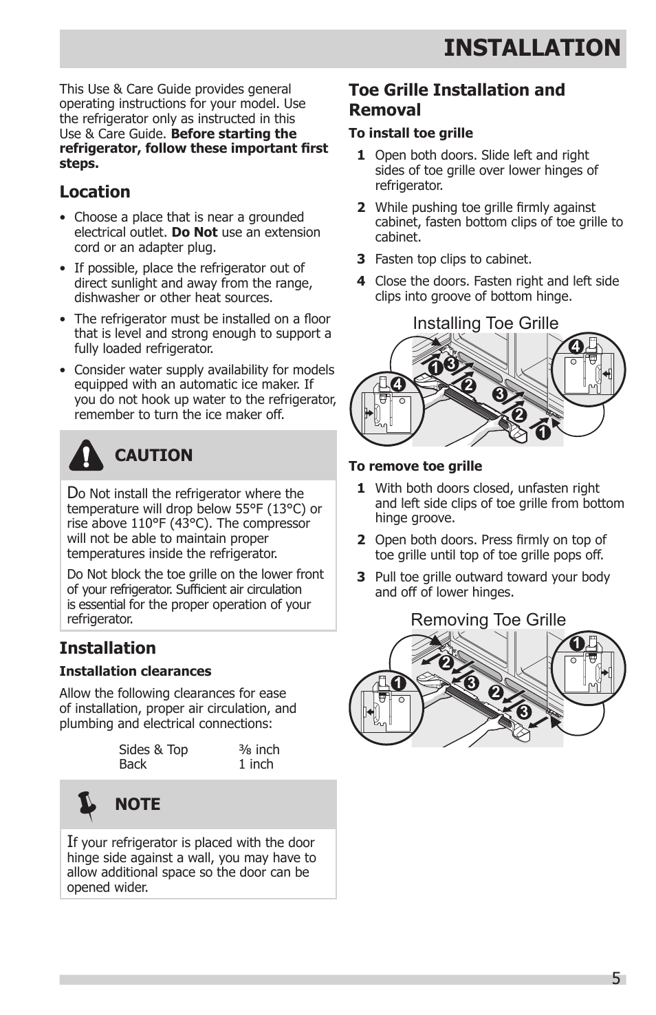 Installation, Installing toe grille, Removing toe grille | FRIGIDAIRE FGHC2331PF User Manual | Page 5 / 32