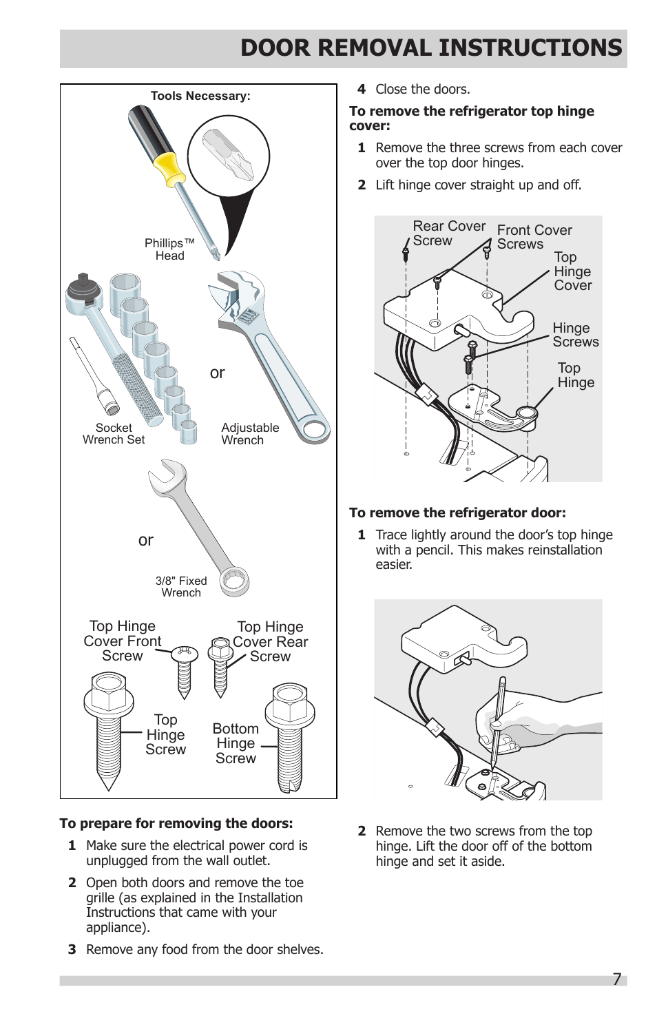 Door removal instructions | FRIGIDAIRE FGHC2331PF User Manual | Page 7 / 32
