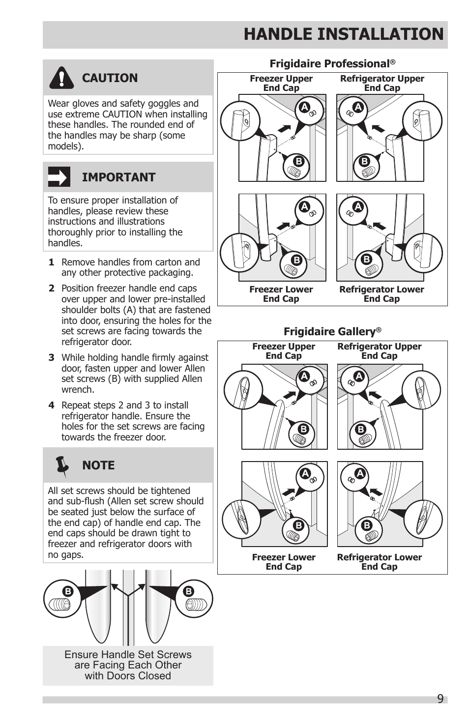 Handle installation, Important, Caution | FRIGIDAIRE FGHC2331PF User Manual | Page 9 / 32