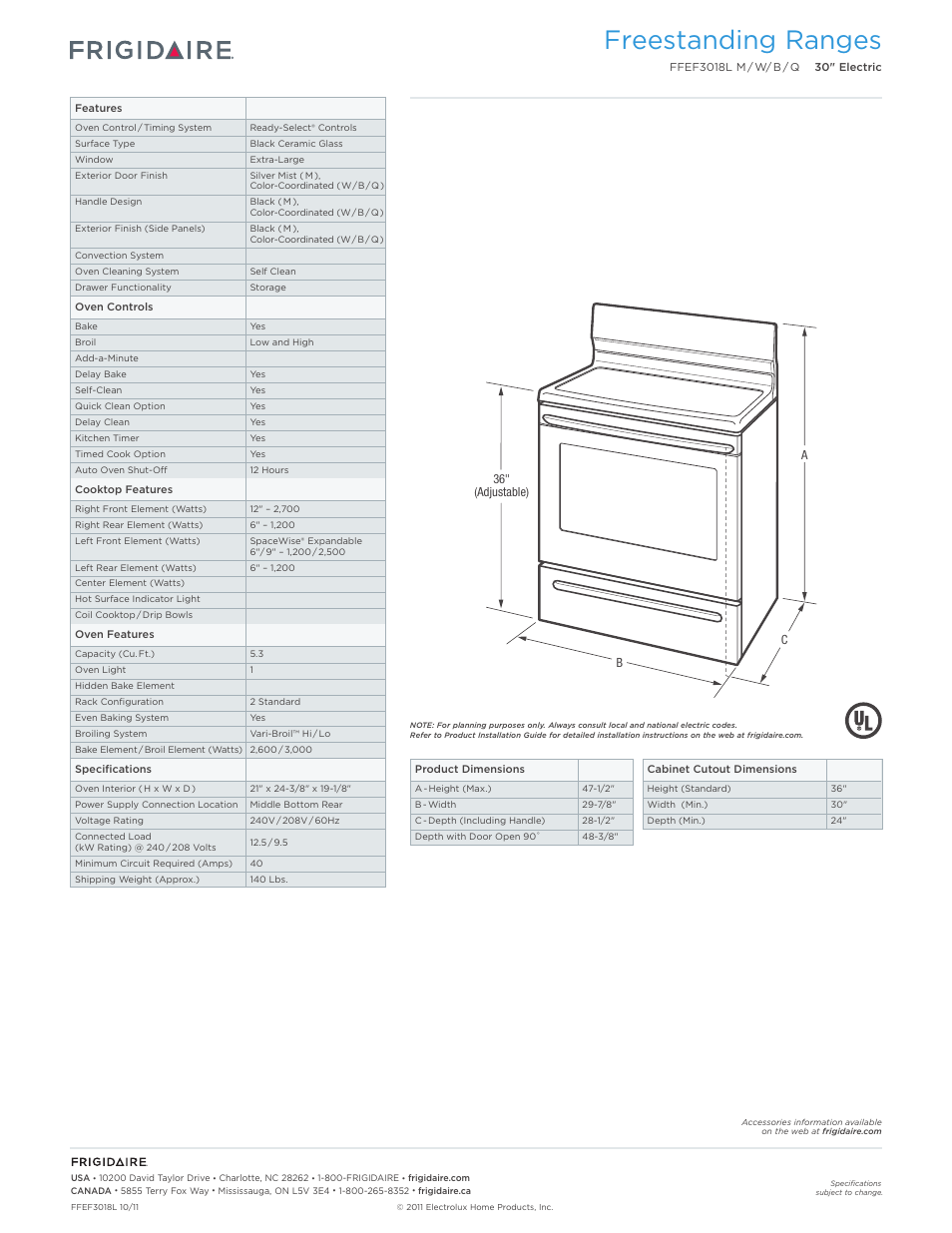 Freestanding ranges | FRIGIDAIRE FFEF3018LW User Manual | Page 2 / 7