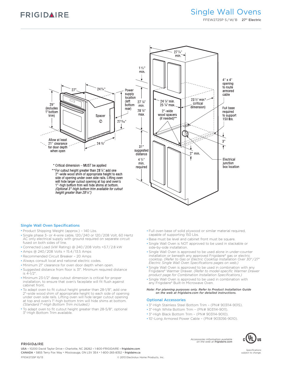 27" single electric wall oven baseline, Single wall ovens | FRIGIDAIRE FFEW2725PB User Manual | Page 3 / 7