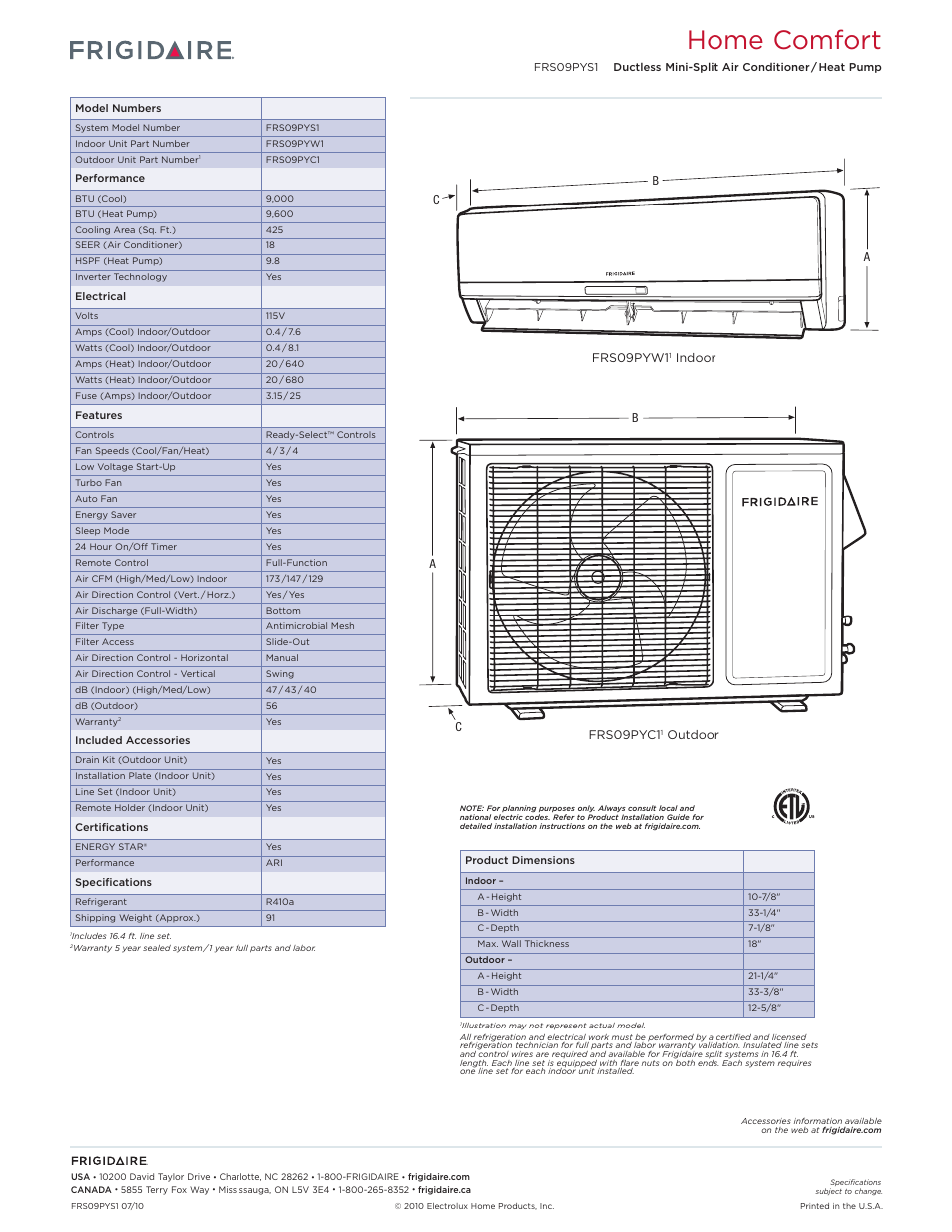 Home comfort | FRIGIDAIRE FRS09PYS1 User Manual | Page 2 / 4