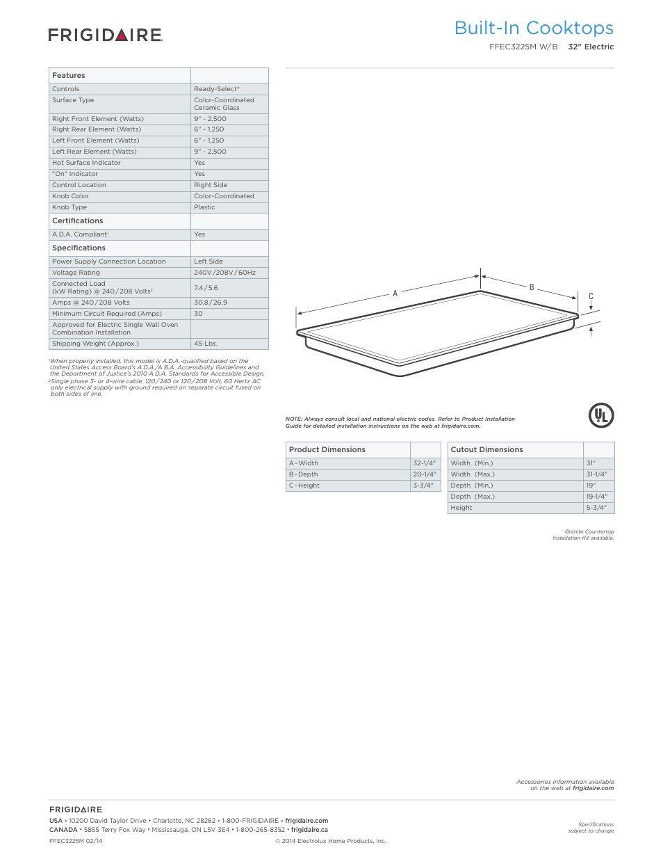 Drop-in electric cooktops frigidaire baseline, Built-in cooktops | FRIGIDAIRE FFEC3225MB User Manual | Page 2 / 5