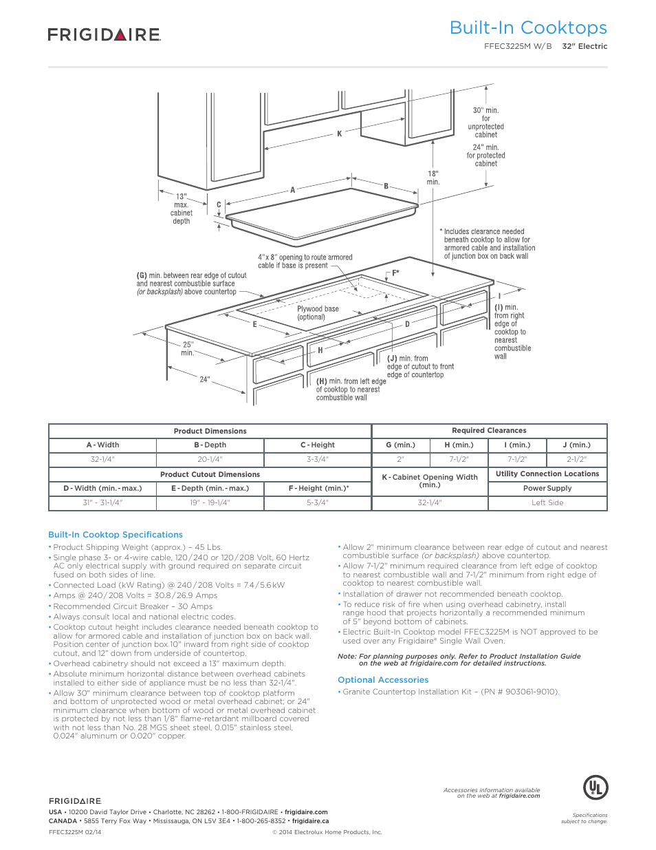 Drop-in induction / electric cooktops, Professional / gallery / baseline, Built-in cooktops | Callouts must be charted per individual model) | FRIGIDAIRE FFEC3225MB User Manual | Page 3 / 5