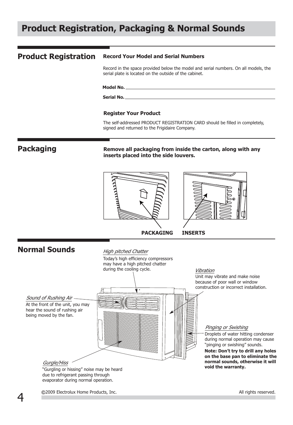 Product registration, packaging & normal sounds, Packaging normal sounds, Product registration | FRIGIDAIRE FFRA0611Q1 User Manual | Page 4 / 9