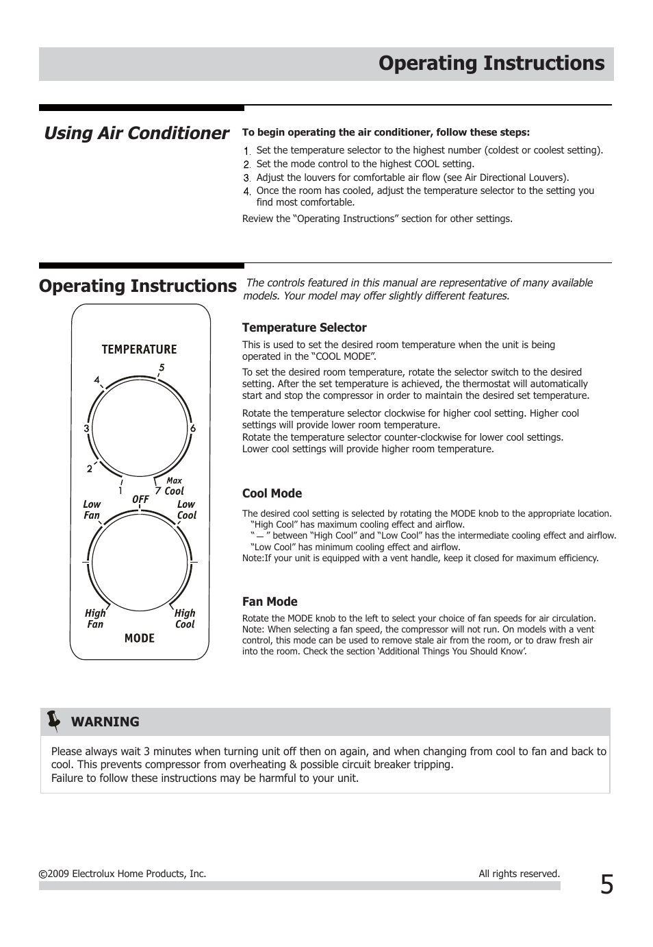 Operating instructions, Using air conditioner | FRIGIDAIRE FFRA0611Q1 User Manual | Page 5 / 9