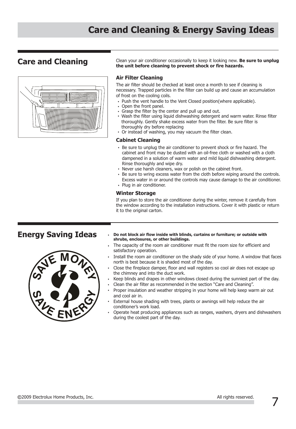 Care and cleaning & energy saving ideas, Energy saving ideas, Care and cleaning | FRIGIDAIRE FFRA0611Q1 User Manual | Page 7 / 9