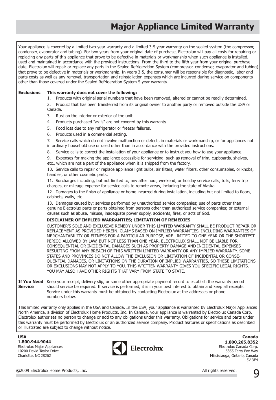 Major appliance limited warranty | FRIGIDAIRE FFRA0611Q1 User Manual | Page 9 / 9