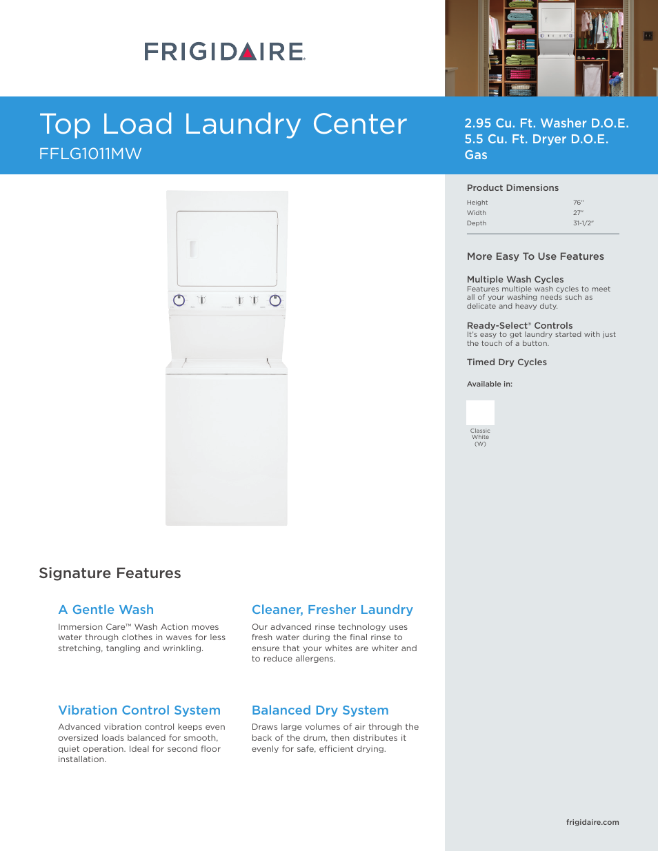 FRIGIDAIRE FFLG1011MW User Manual | 3 pages