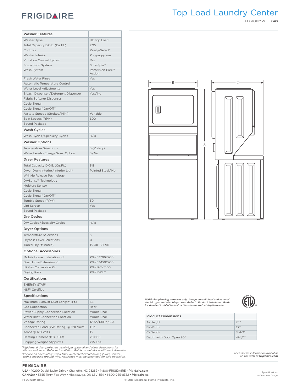 Top load laundry center | FRIGIDAIRE FFLG1011MW User Manual | Page 2 / 3