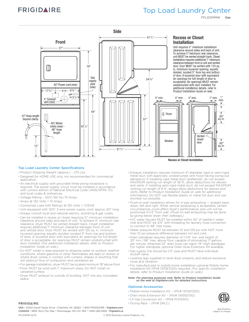 Top load laundry center | FRIGIDAIRE FFLG1011MW User Manual | Page 3 / 3