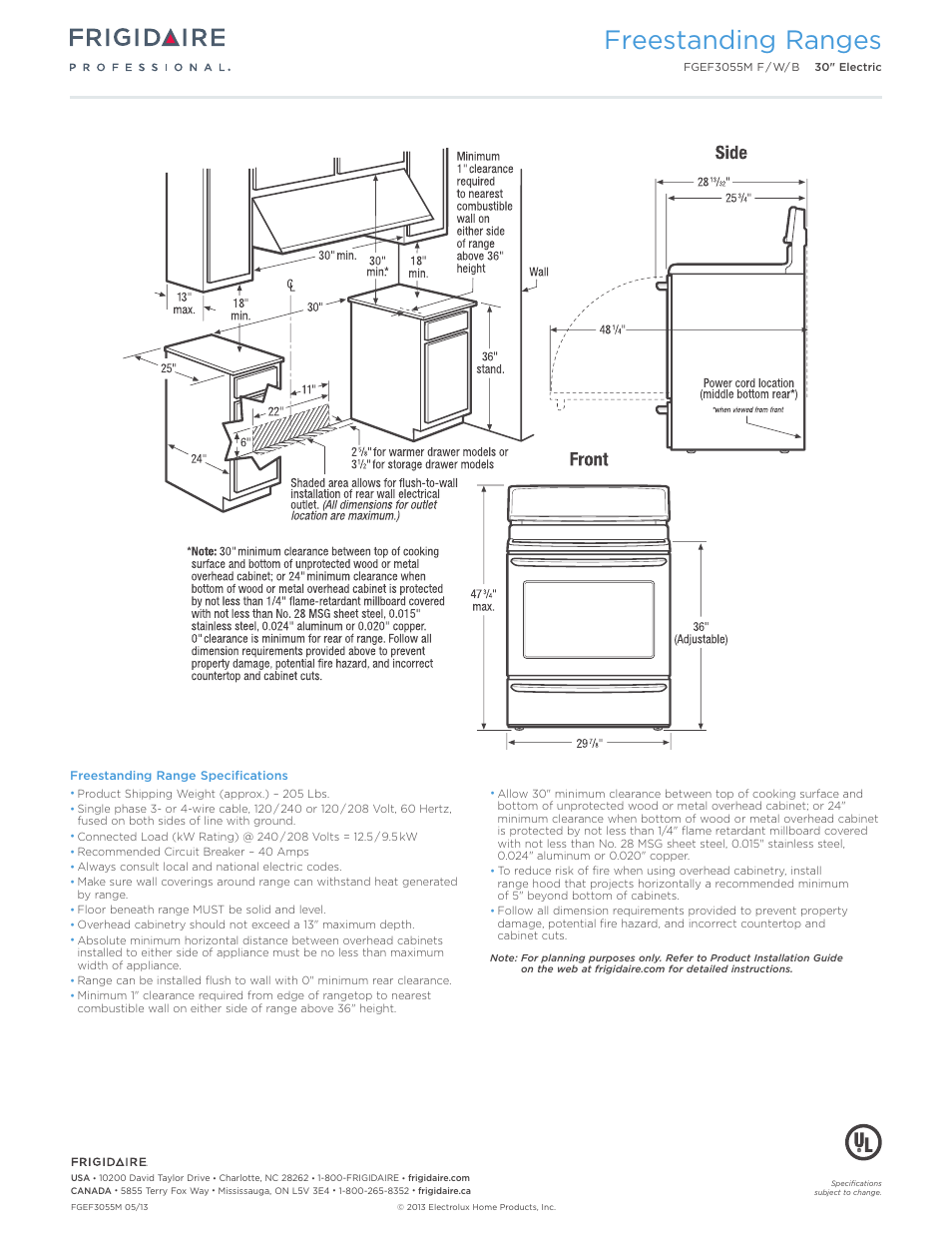 30" electric freestanding ranges gallery, Freestanding ranges | FRIGIDAIRE FGEF3055MB User Manual | Page 3 / 7