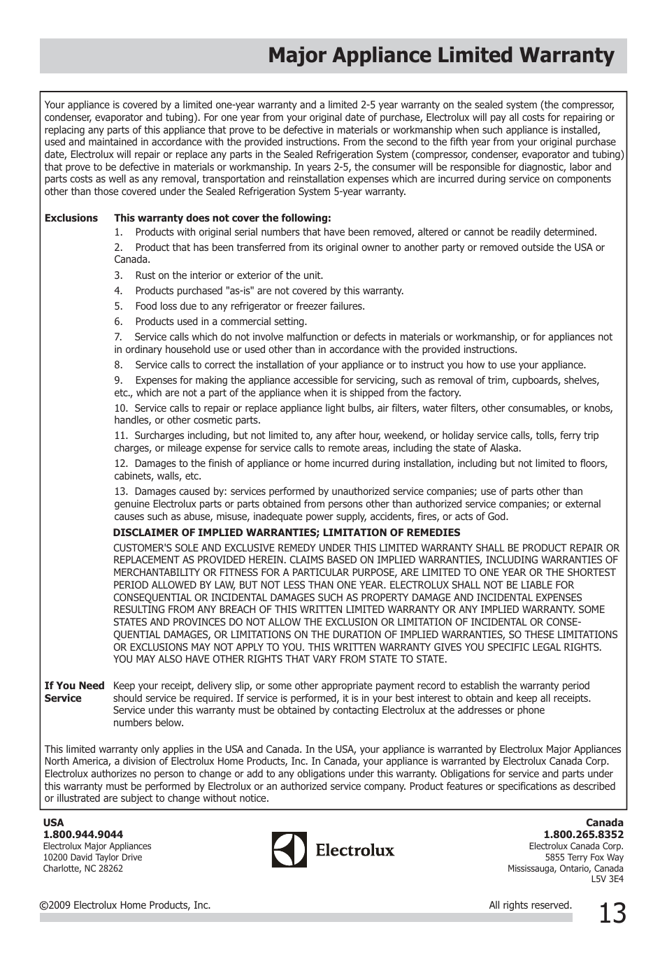 Major appliance limited warranty | FRIGIDAIRE FRA093PT1 User Manual | Page 13 / 13