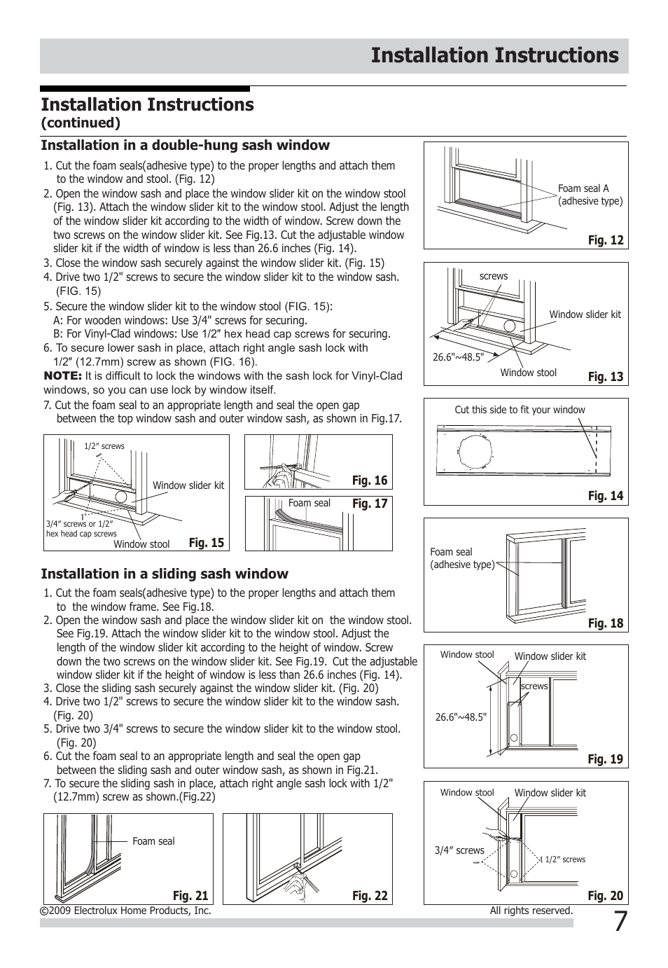 Installation instructions | FRIGIDAIRE FRA093PT1 User Manual | Page 7 / 13