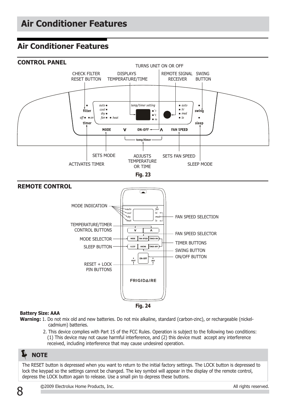 Air conditioner features | FRIGIDAIRE FRA093PT1 User Manual | Page 8 / 13