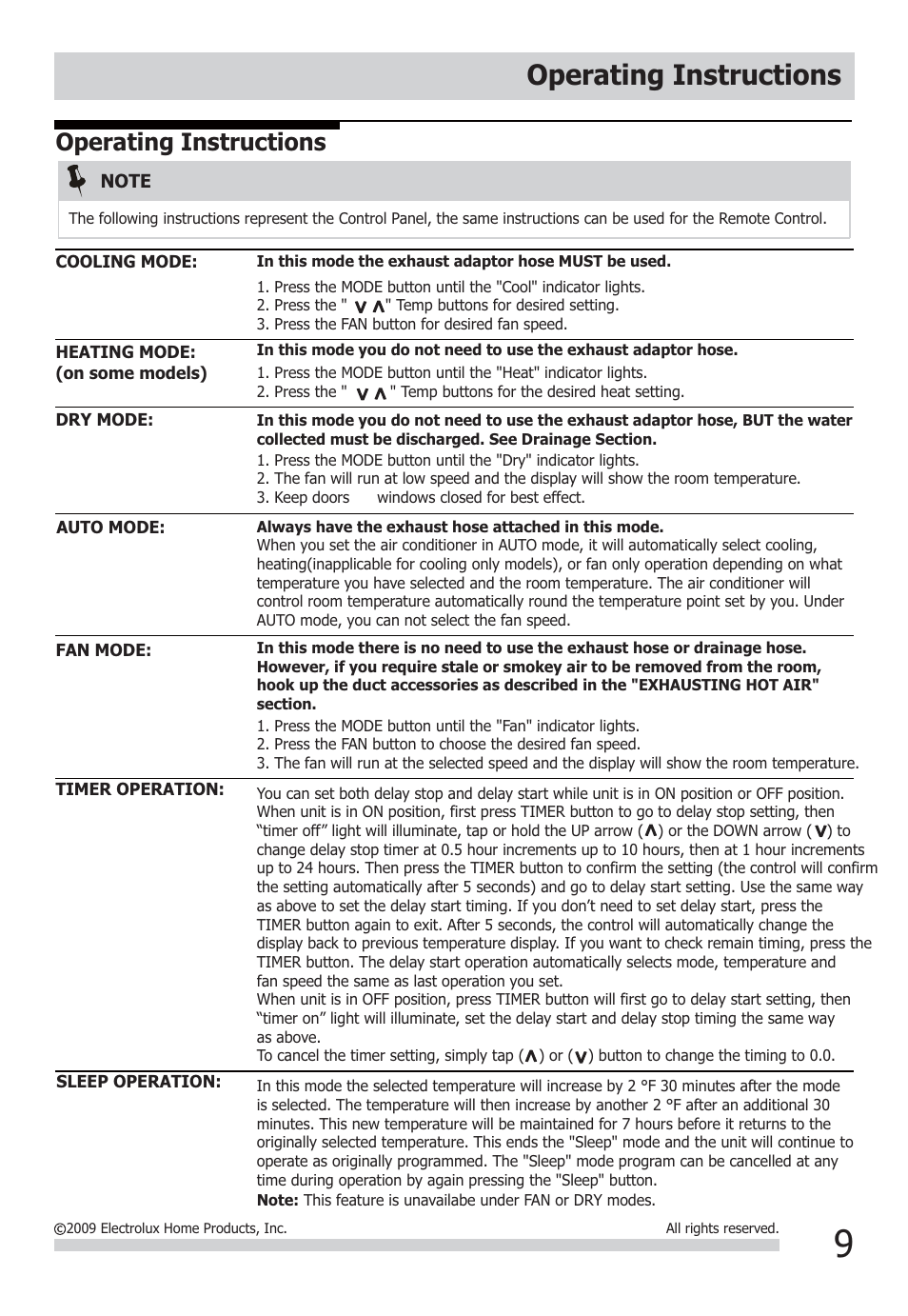 Operating instructions | FRIGIDAIRE FRA093PT1 User Manual | Page 9 / 13