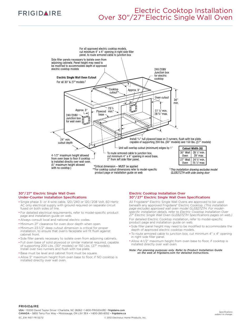 Excludes side swing wall oven) | FRIGIDAIRE FGEW2765KW User Manual | Page 8 / 12