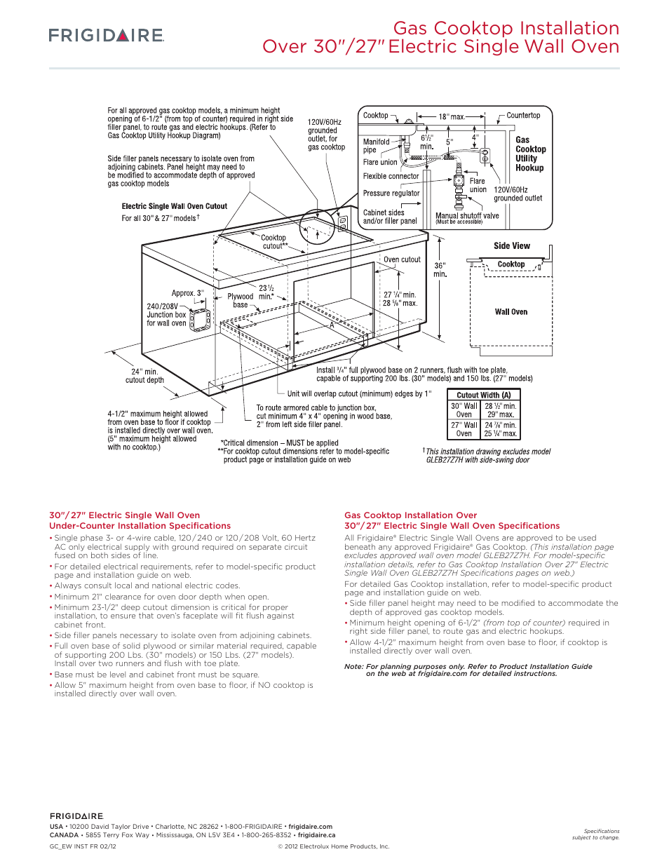 Excludes side swing wall oven) | FRIGIDAIRE FGEW2765KW User Manual | Page 9 / 12