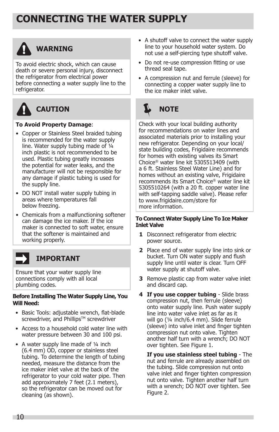 Connecting the water supply, 10 warning, Caution | Important | FRIGIDAIRE FPHS2399PF User Manual | Page 10 / 32