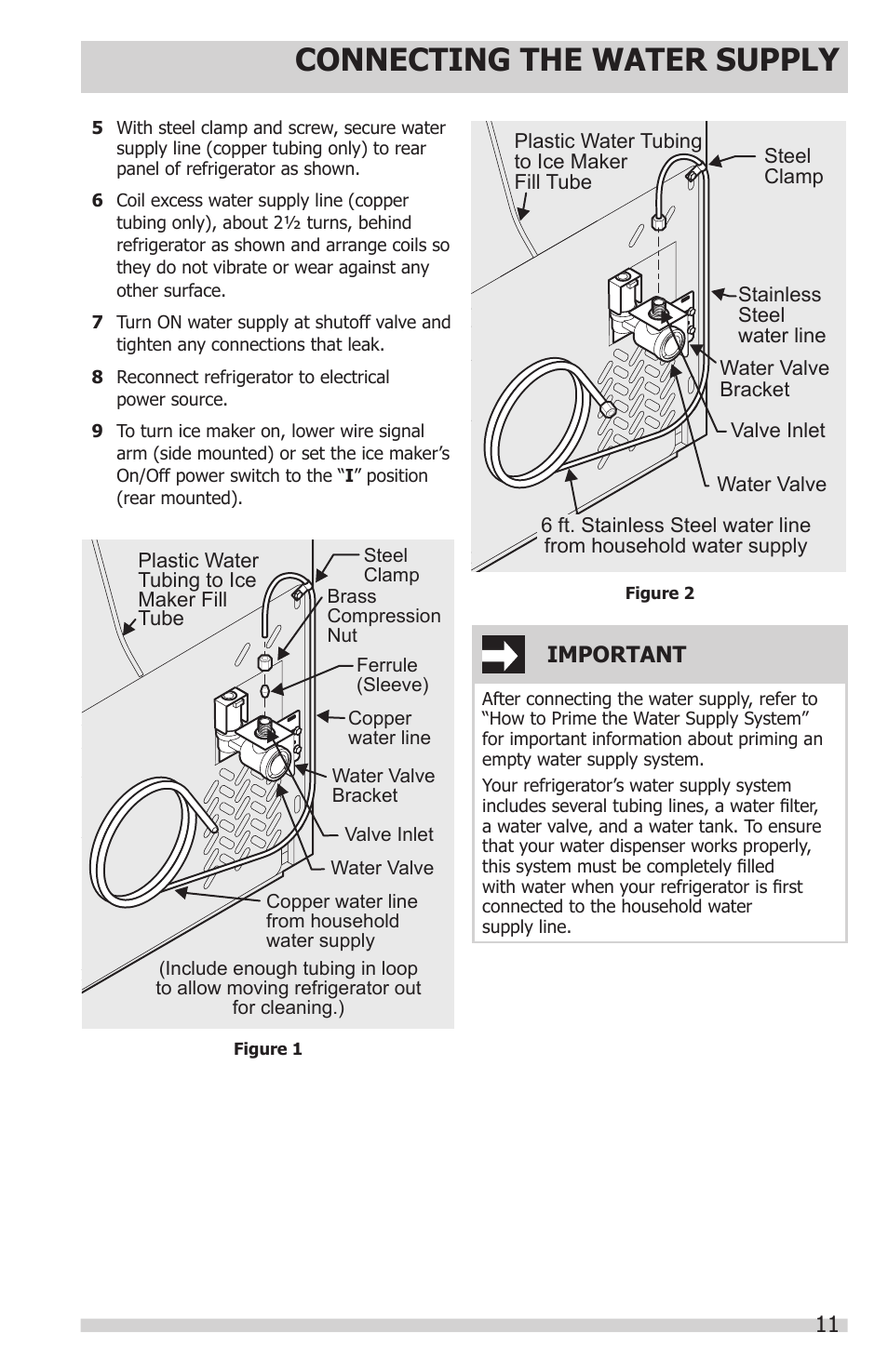 Connecting the water supply, 11 important | FRIGIDAIRE FPHS2399PF User Manual | Page 11 / 32
